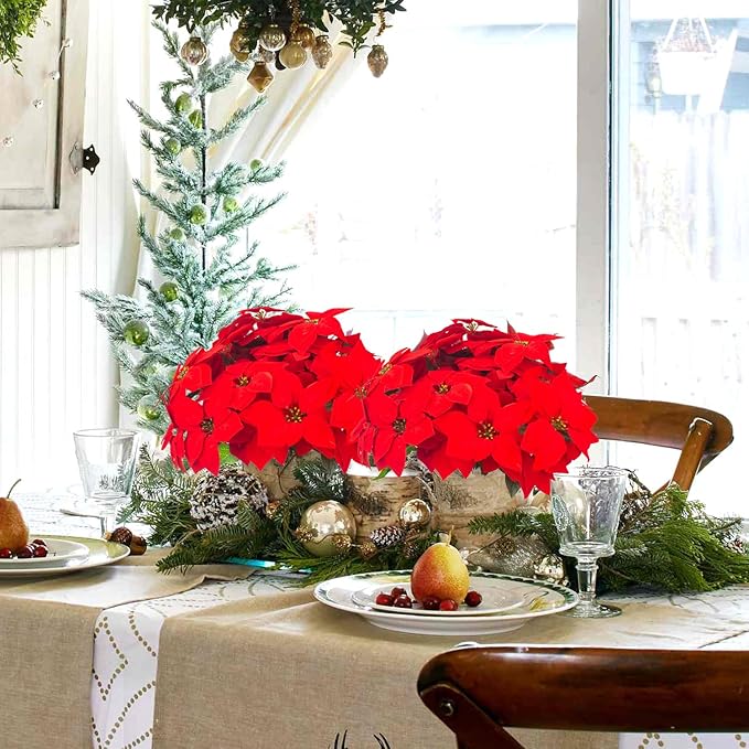 5 Artificial Poinsettia Flowers Bouquet Christmas 7 Heads 19.6”Faux Red Poinsettia Bush Fake Flowers for Home Porch Xmas Tree Garden Indoor Outdoor Office Christmas Decorations