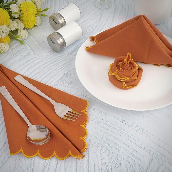 FINGERCRAFT Cloth Napkins, Everyday Use Reversible Scallop Design, Premium Quality Cotton Linen Blend Napkin Set of 6 Perfect for Parties Dinners Weddings Christmas Napkin Cloth 20x20 Inch Rust