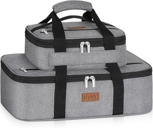 Lifewit Duo Insulated Casserole Carrier for Hot or Cold Food, Lasagna Holder 2 Compartments, Thermal Lunch Tote for Potluck Parties Cookouts, Fits 9"x13" Casserole Dish, Gray