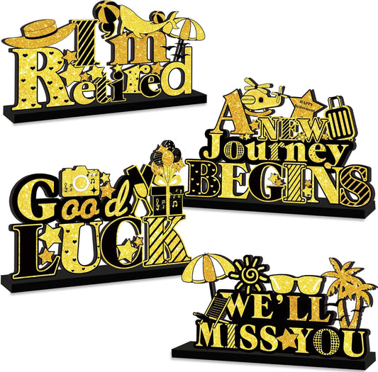 4Pcs Retirement Party Decorations Wooden Table Sign, Black Gold Retirement Wooden Table Centerpieces Party Supplies, Retired Theme Farewell Table Sign, Retirement Gift We'll Miss You Decor (black)