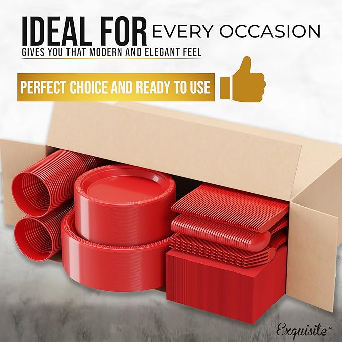 350 Pcs Red Plastic Plates For Party, Red Disposable Plates Set, 50 Of Each 9" Dinner Plate Set, 7" Dessert Plate, Cups, Napkins & Cutlery Plastic Dinnerware Exquisite