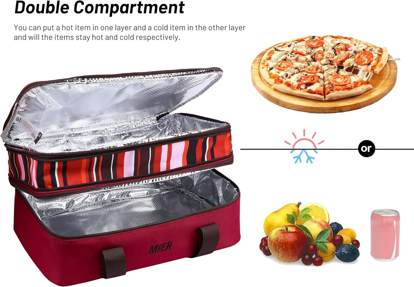 MIER Insulated Double Casserole Carrier Thermal Lunch Tote for Potluck Parties, Picnic, Beach, Fits 9 x 13 Inches Casserole Dish, Expandable by Mid Zipper, Burgundy