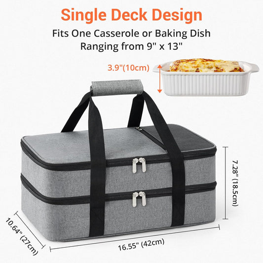 Double Insulated Casserole Carrier for Hot or Cold Food,Pie Carrier Bag Lunch Tote for Potluck Parties/Picnic/Cookouts, Fits 9"x13" Baking Dish, Grey