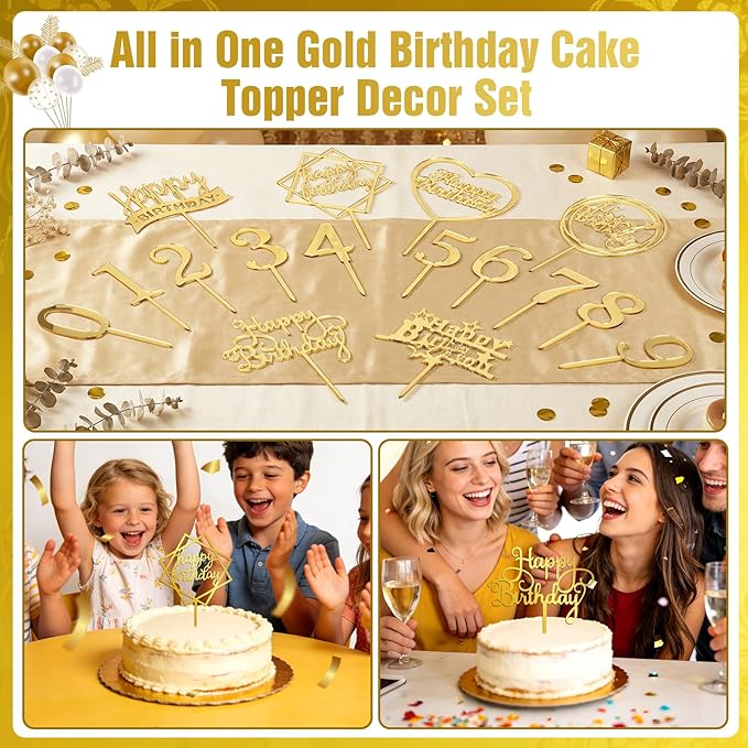 16 PCS Happy Birthday Cake Topper Set, Gold Cake Decoration, Acrylic Reusable Numbers Cake Cupcake Desserts Topper Double-Sided Glitter Birthday Cake Topper for Kids Adults