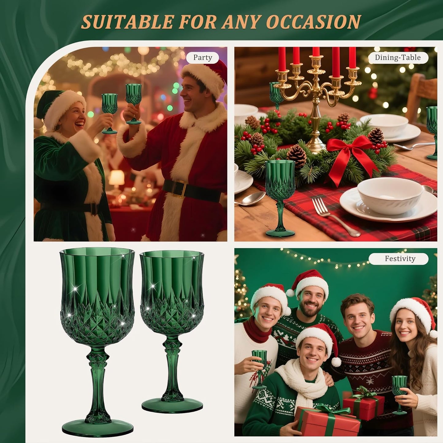 12PCS 7OZ Dark Green Wine Plastic Glasses Drinking Champagne Glasses Flutes Crystal Vintage Water Unbreakable Goblets for Christmas, Wedding, Parties