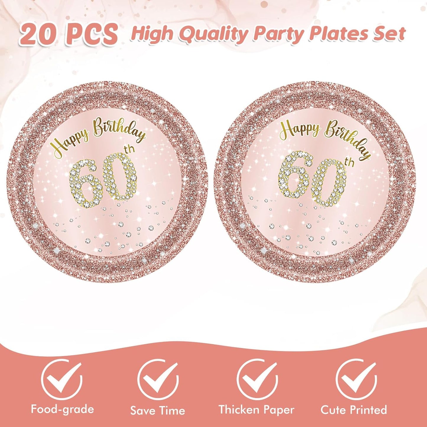 60th Birthday Decorations for Women, Rose Gold Sixty Year Old Party Supplies Include 20 Plates 20 Napkins, Pink 60 Aged Birthday Party Tableware