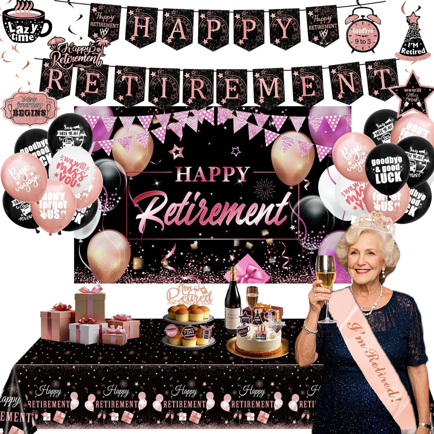 Happy Retirement Party Decorations for Women, Rosegold Banner, Star Coffee Pennant, Hanging Swirl, Latex Balloons, 70*43" Backdrops,108*54" Tablecloths, Cupcake Topper, Crown, Retired Sash