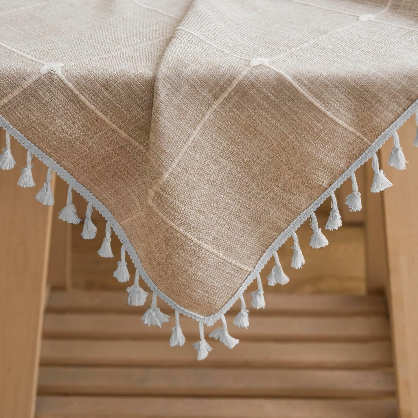 Oubonun Cotton Linen Rectangular Tablecloth - Wrinkle Resistant & Waterproof - Machine Washable Table Cloth with Tassels for Kitchen & Dining, 55''x86'', 6-8 Seats