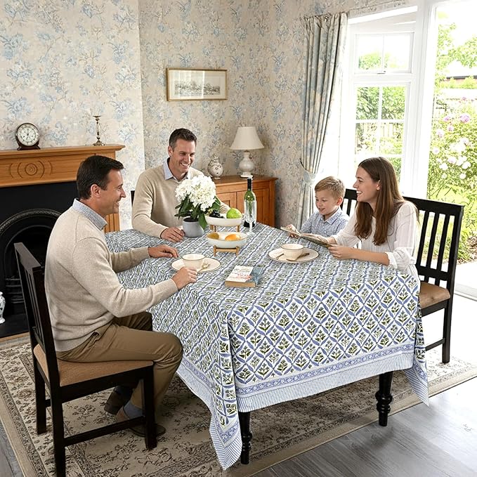 Ridhi Light Steel Blue Hand Block Print Cotton Rectangle Tablecloth 90 x 60 inch-Reusable Table Cover Decorative Everyday Use for Dining Room, Farmhouse, Thanksgiving, Christmas Wedding, Fall