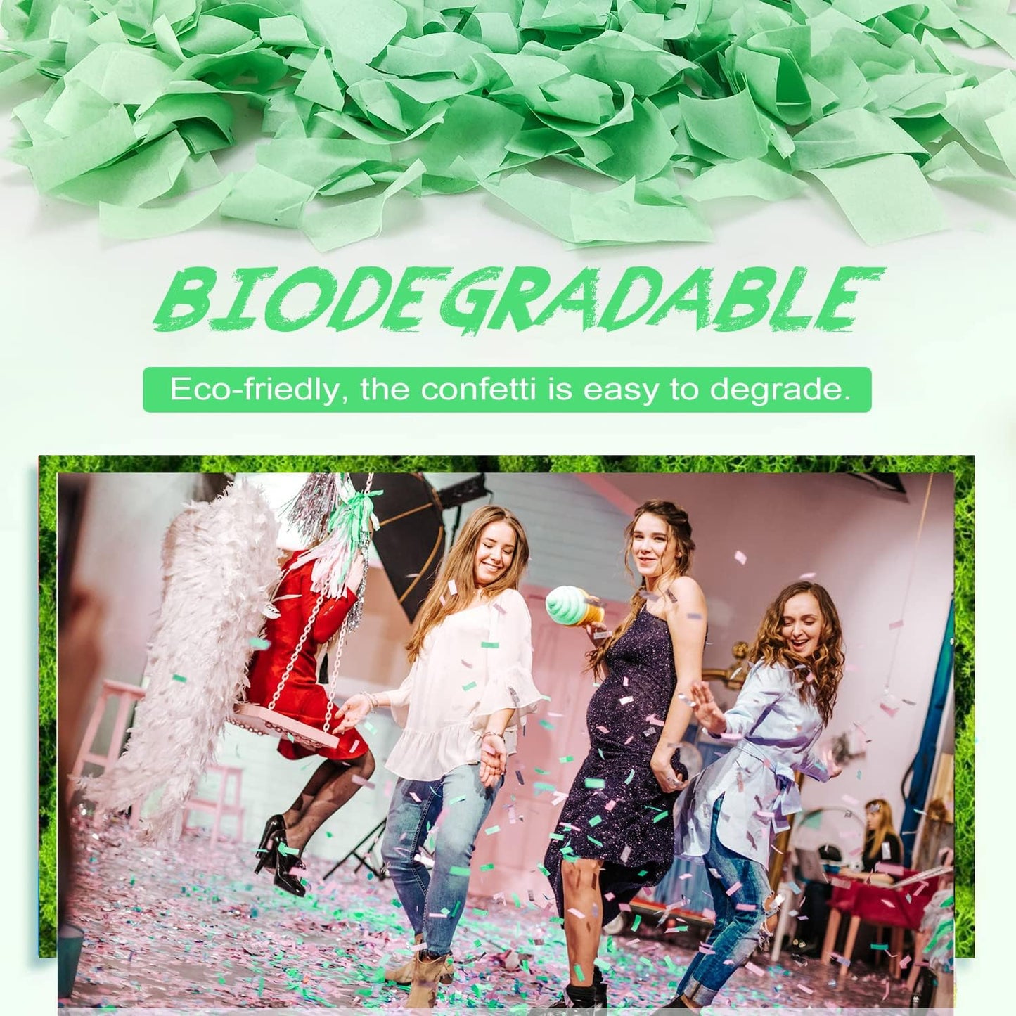 Green Confetti Poppers, 15 Inch Biodegradable Party Poppers, Air Powered Confetti Shooters for Birthday, Wedding, New Year Celebrations