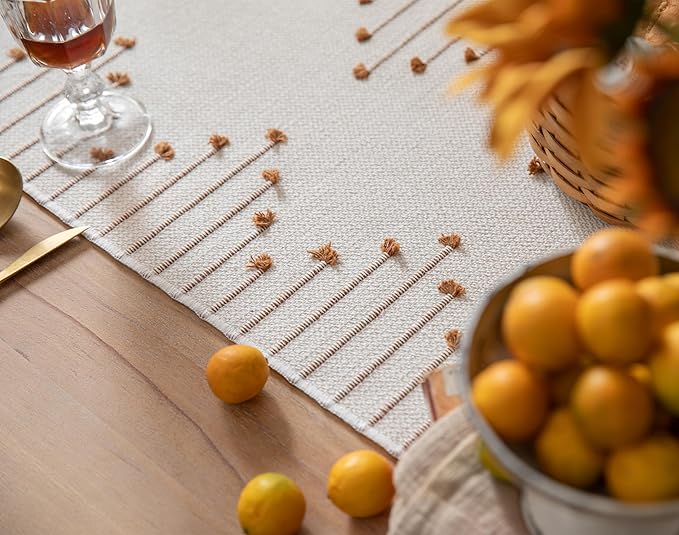 Boho Table Runner 13 x 72 Inch Long Natural Cotton Woven Runner with Tassels for Home Dining Table décor, for Modern Farmhouse Decor Coffee Table Runner, Brown and Beige