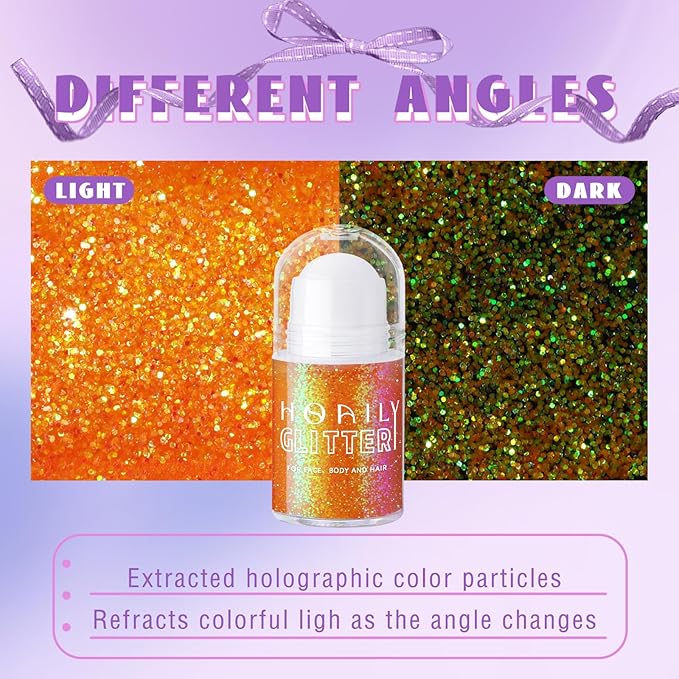 HOSAILY Roll-on Orange Body Glitter Gel for Face Hair, Holographic Chameleon Color Changing Face Paint Glitter Autumn Makeup, Chunky Mermaid Sequins Festival Party Rave Accessories Shimmer Makeup