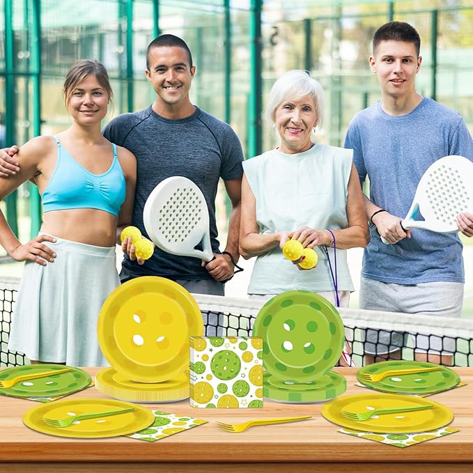 OBUSATT 96Pcs Pickleball Party Decorations Pickleball Birthday Party Plates and Napkins Supplies Disposable Dessert Tableware for Pickle Ball Birthday Baby Shower Serve 24, colourful