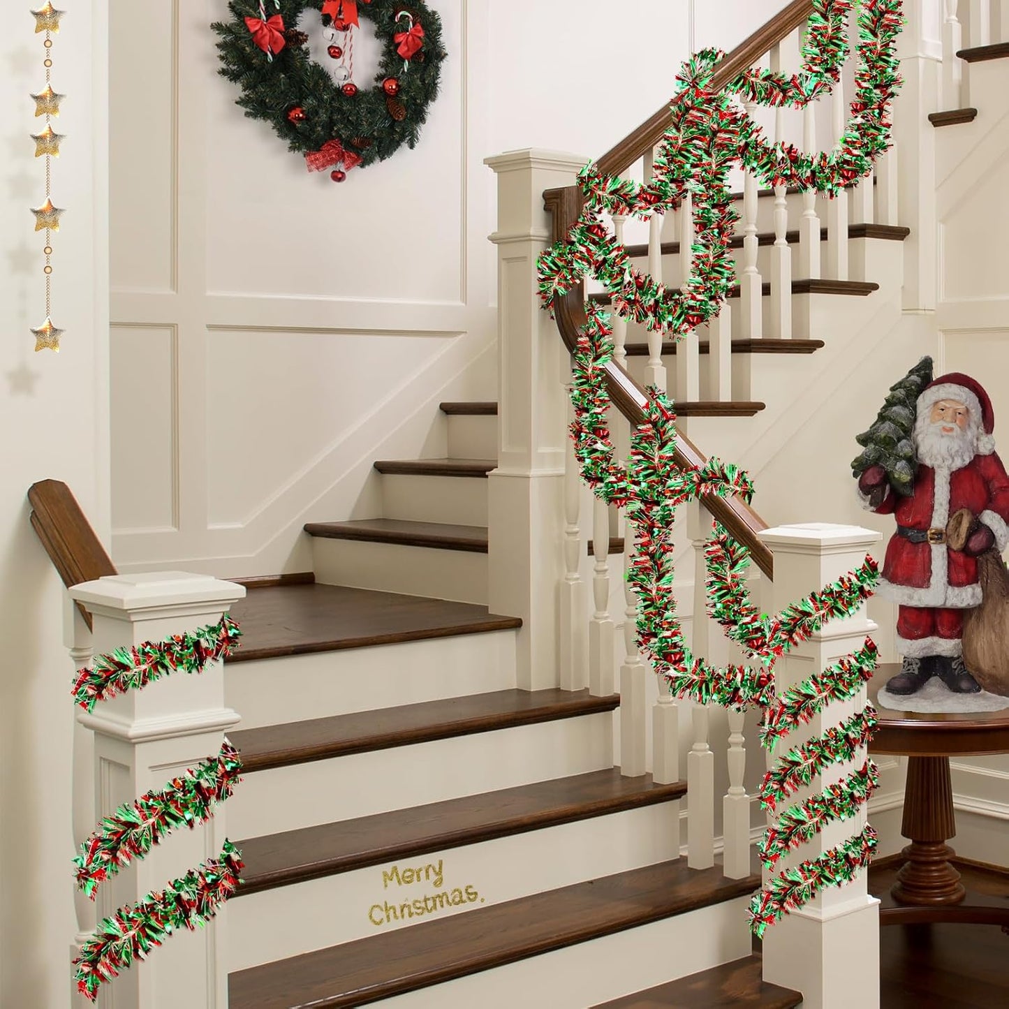 50ft Metallic Tinsel Garland - Christmas Tree Decorations (Red, Green, White)