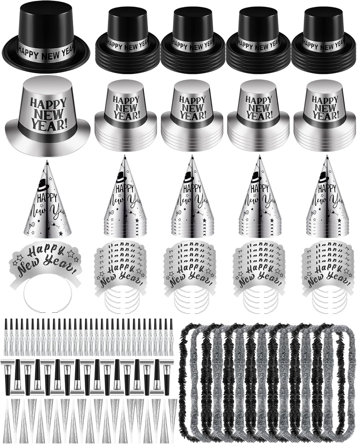 Cuffbow 300 Pcs 2026 New Years Eve Party Supplies Include Happy New Year Cone Hat Headband Tiara Metallic Fringed Party Blowers Noise Makers Horns Leis Hair Hoop Favors Decorations (Black Silver)