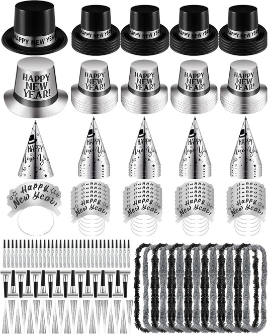 Cuffbow 300 Pcs 2026 New Years Eve Party Supplies Include Happy New Year Cone Hat Headband Tiara Metallic Fringed Party Blowers Noise Makers Horns Leis Hair Hoop Favors Decorations (Black Silver)