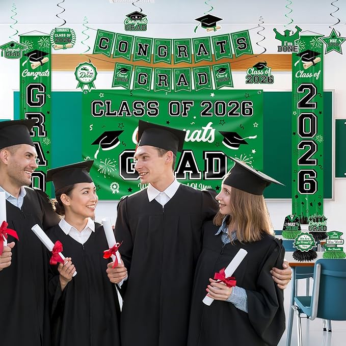 Graduation Decorations Class of 2026 Green Graduation Party Decor Set include Congrats Grad Banner Backdrop Class of 2026 Balloons Party Supplies