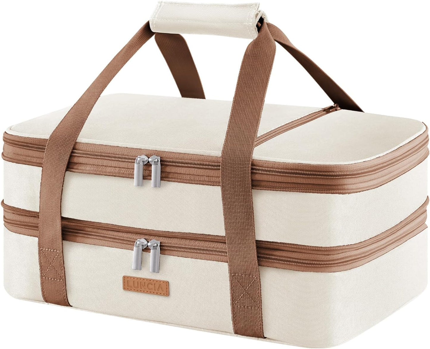 LUNCIA Double Decker Insulated Casserole Carrier for Hot or Cold Food, Lasagna Lugger Tote for Potluck Parties/Picnic/Cookouts, Fits 9"×13" Baking Dish, Cream