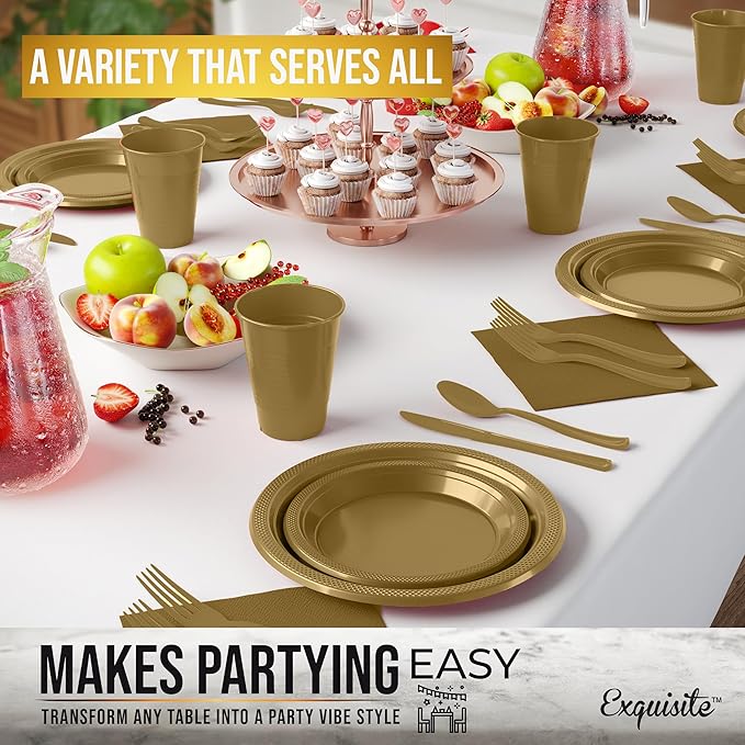 350 Pcs Gold Plastic Plates For Party, Gold Disposable Plates Set, 50 Of Each 9" Dinner Plate Set, 7" Dessert Plate, Cups, Napkins & Cutlery Plastic Dinnerware Exquisite