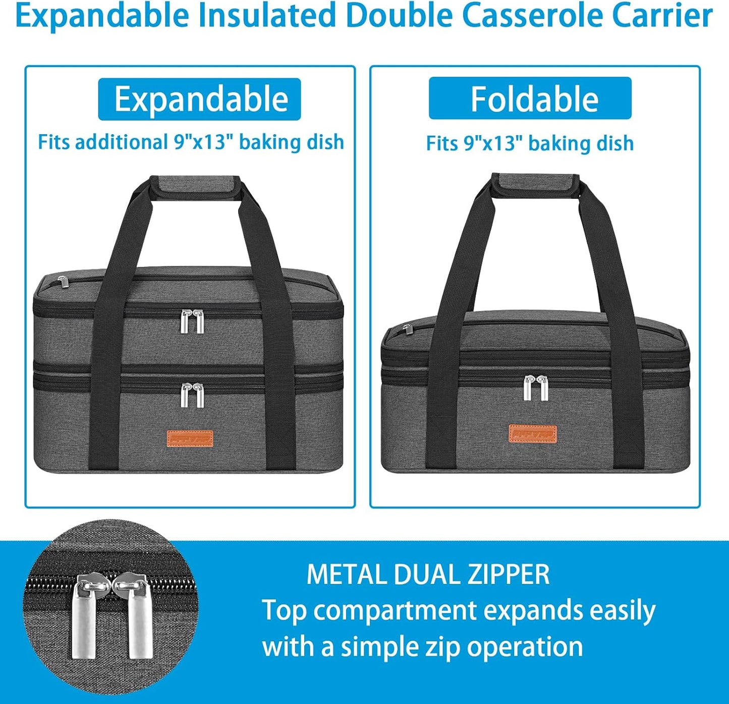 Double Decker Insulated Casserole Carrier for Hot or Cold Food, Expandable Food Carrier for Potluck Parties, Picnic, Cookouts, Fits 11 x 15 or 9 x 13 Lasagna Pan, Baking Dish（Gray）