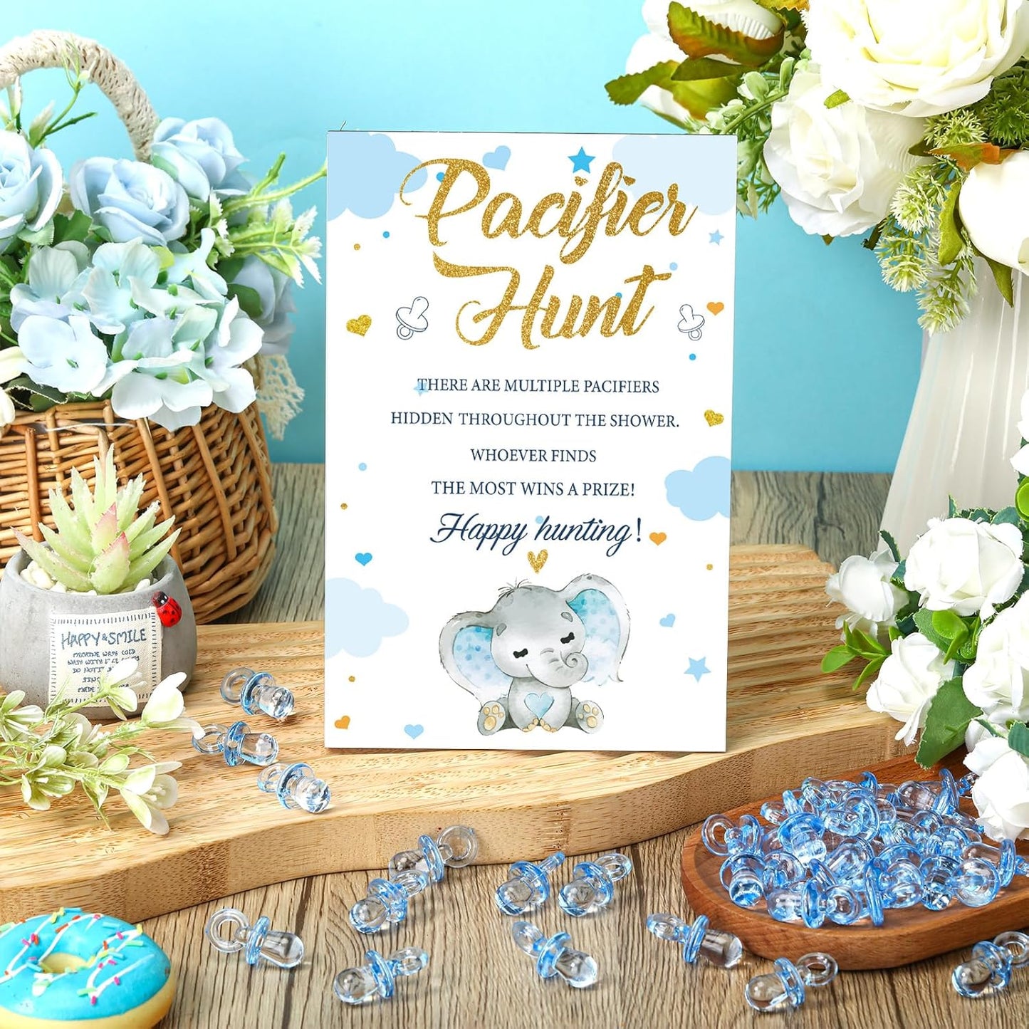 Thyle 51 Pcs Pacifier Hunt Baby Shower Games Include Hunt Sign and 50 Acrylic Pacifiers for Baby Shower Game Decoration Gift Sets Gender Reveal Party Decor(Blue Elephant)
