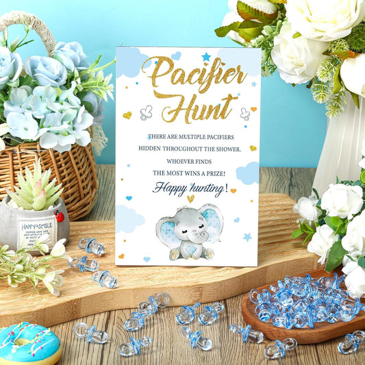 Thyle 51 Pcs Pacifier Hunt Baby Shower Games Include Hunt Sign and 50 Acrylic Pacifiers for Baby Shower Game Decoration Gift Sets Gender Reveal Party Decor(Blue Elephant)