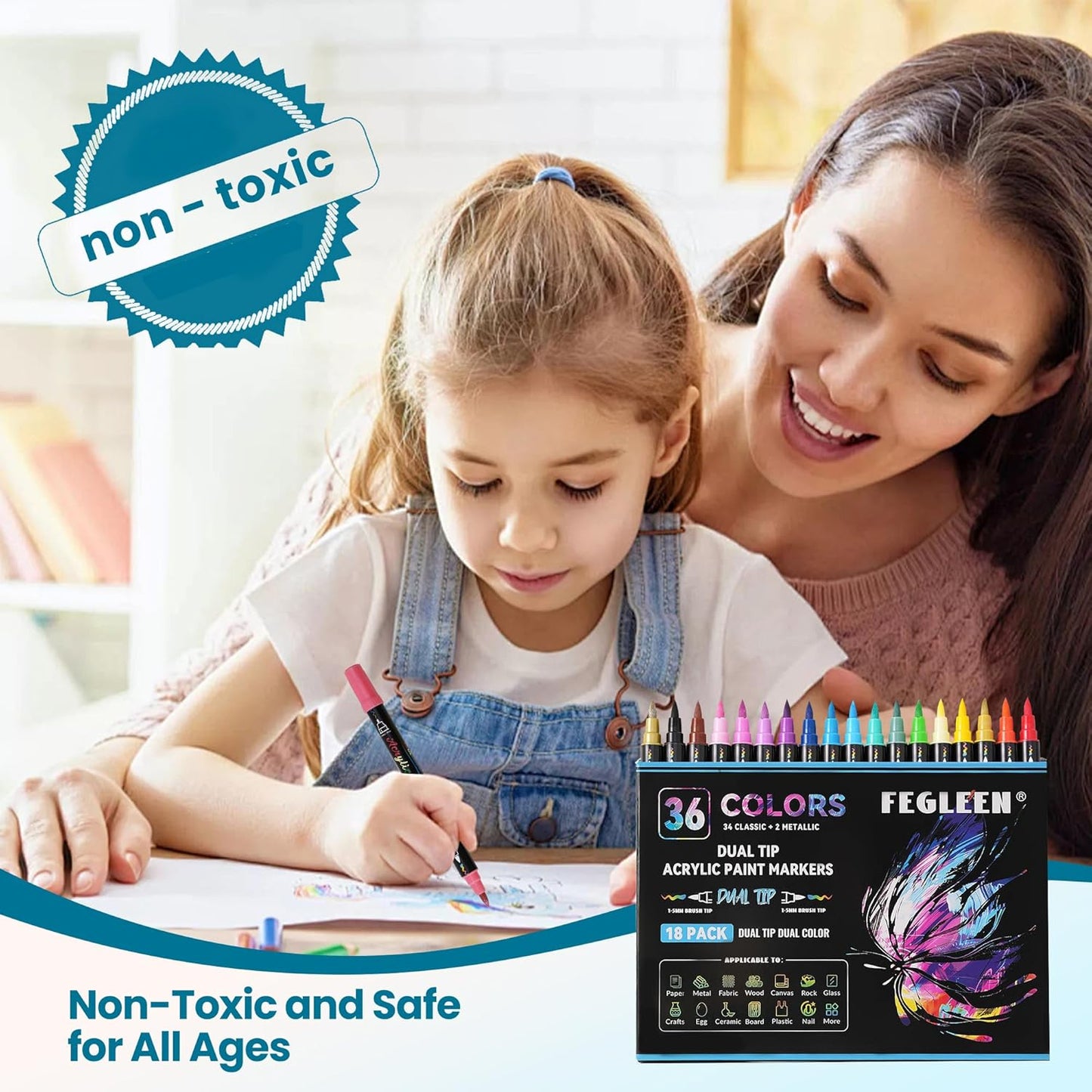 36 Colors Acrylic Paint Markers,18 Pack Dual-Color Acrylic Paint Pens with Brush Tip Contain 2 Metallic Colors for Rock Painting,Egg,Wood,Glass,Canvas,Fabric,Ceramic,Crafts,Art Supplies (36 Colors)