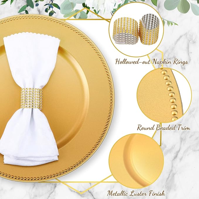 Tanlade 100 Pcs Charger Plates Bulk with Napkin Rings Set Include 50 Plastic Beaded Plate Chargers 50 Napkin Rings 13'' Round Dinner Plate Chargers Set for Table Setting Wedding Party(Gold)