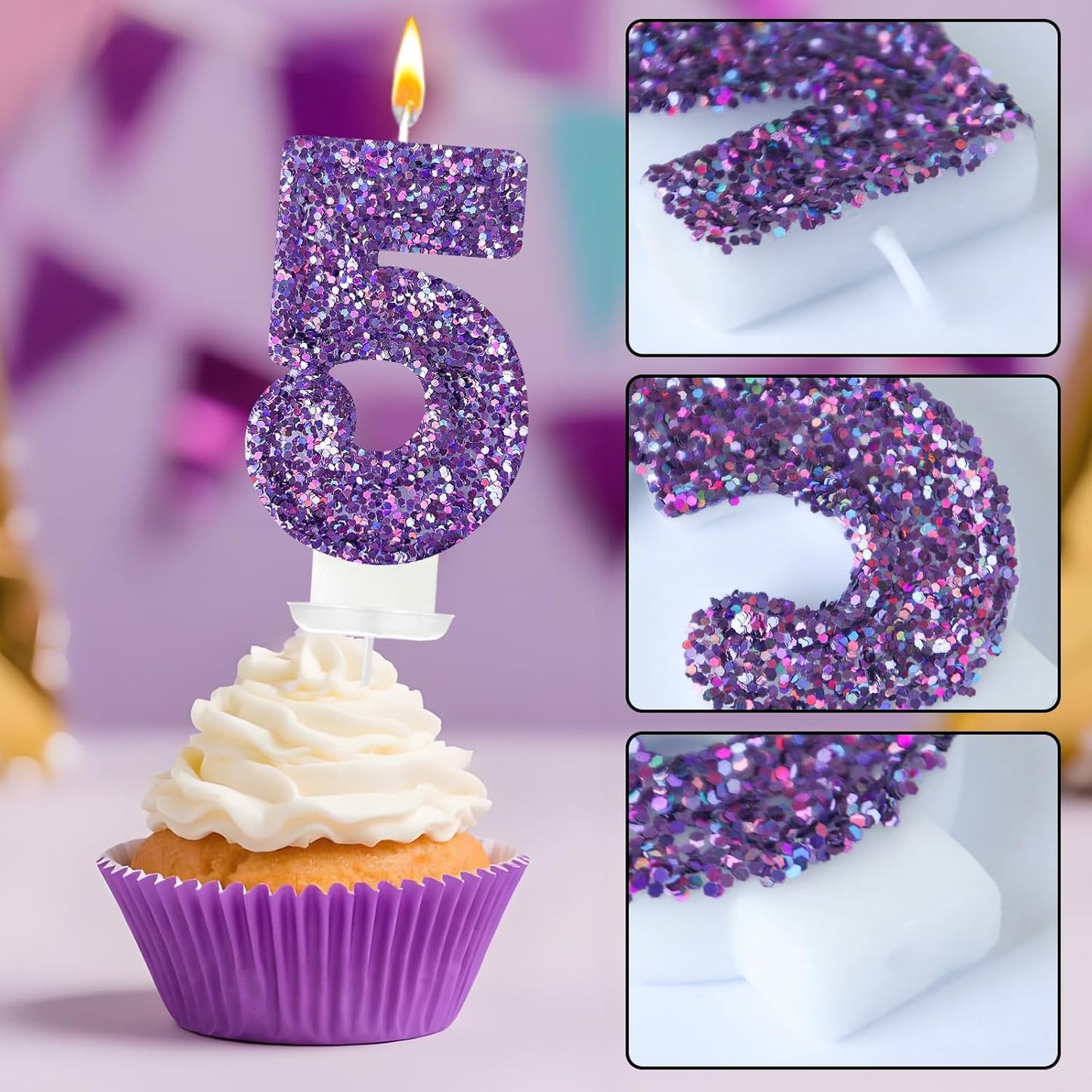 Birthday Number Candles, Glitter Number Candle Cake Decorations with Sequins, Cupcake Decorations for Girls, Women, Party Anniversary Celebrations (Number 5, Purple)