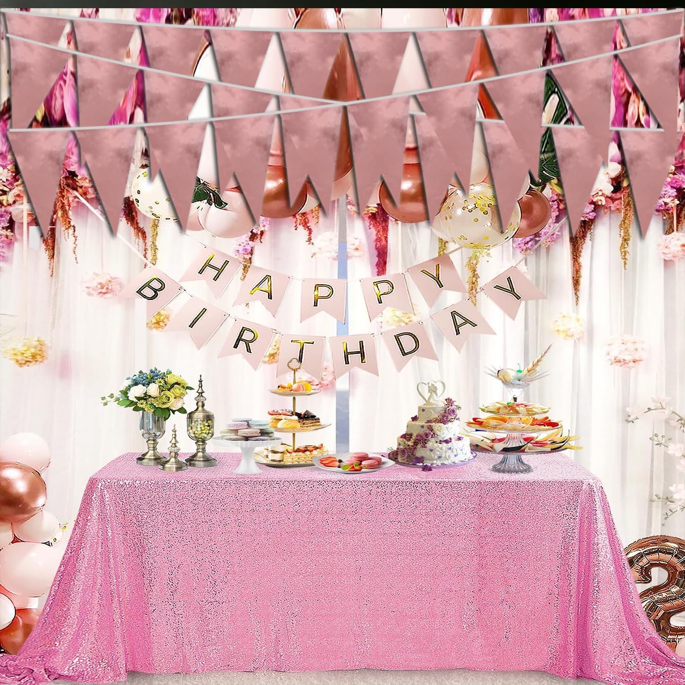 40M/130FT Rose Gold Triangle Pennant Banner Flag Metallic Fabric Bunting Garland for Christmas Wedding Birthday Anniversary Bridal Shower Engagement Graduation Hen Party Decorations Supplies