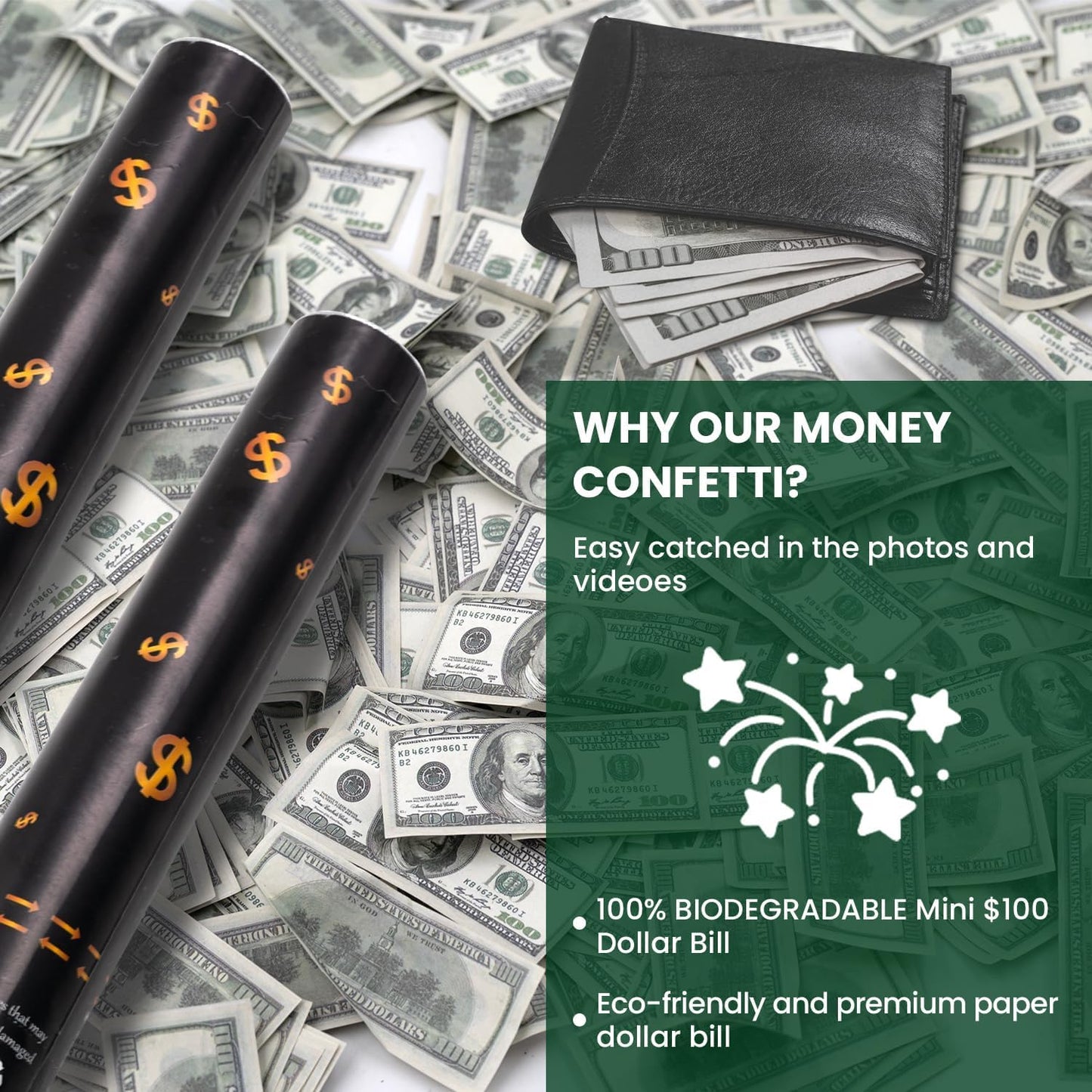 Confetti Cannon Party Poppers 12 Pack 100 Dollar Bill Money Paper Make it Rain 12 inch Confetti Shooters Bill Launcher for Business Signing Opening Activities Birthday Party Celebration