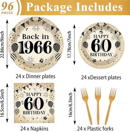96Pcs 60th Birthday Party Paper Plates and Napkins for Back in 1966 Themed Party Supplies Vintage 60 Year Old Dessert Plates 60th Tableware for Men Women Birthday Gatherings Decorations