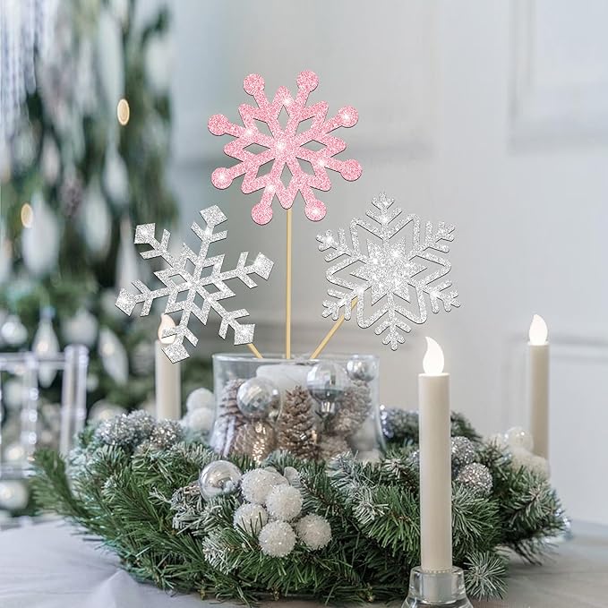 Frozen Party Snowflake Centerpiece Sticks Glitter Winter Wonderland Decorations 12PCS Snowflake Table Topper Centerpieces for Thanksgiving Christmas Birthday Party Supplies