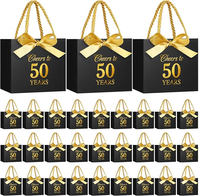 Moinchore 30 Pcs Black Gold 50 Birthday Paper Gift Bags Bulk 5.5 x 4.7 x 2.5 in Mini Cheers to 50 Years Favor Bags with Handles Bow Ribbon Wrap for Birthday Anniversary Wedding Day Party Supplies