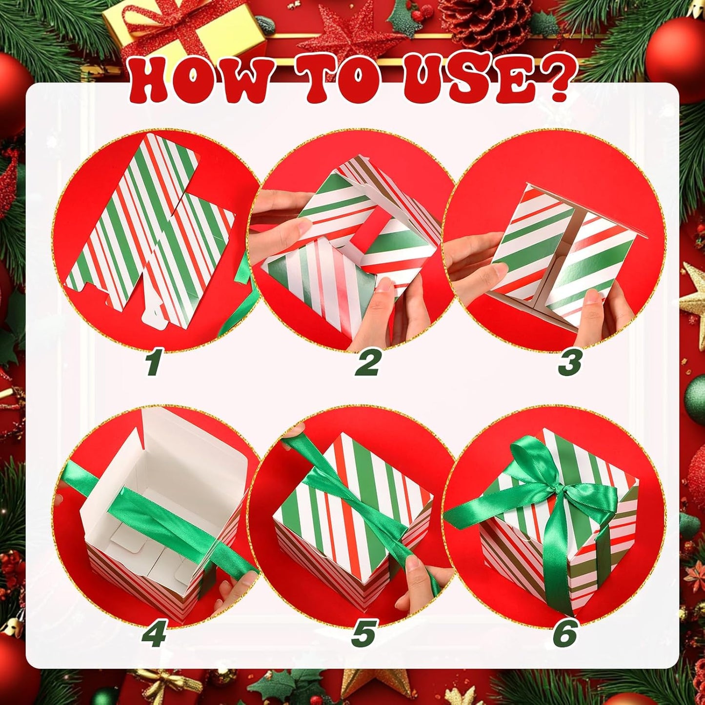 Dispowreath 48 Pcs 4x4x4 Christmas Gift Boxes with Ribbon Xmas Small Box with Lids Treat Boxes for Gift Wrapping Ornaments Wedding Holiday Birthday Party Favor(Red Green Stripe)