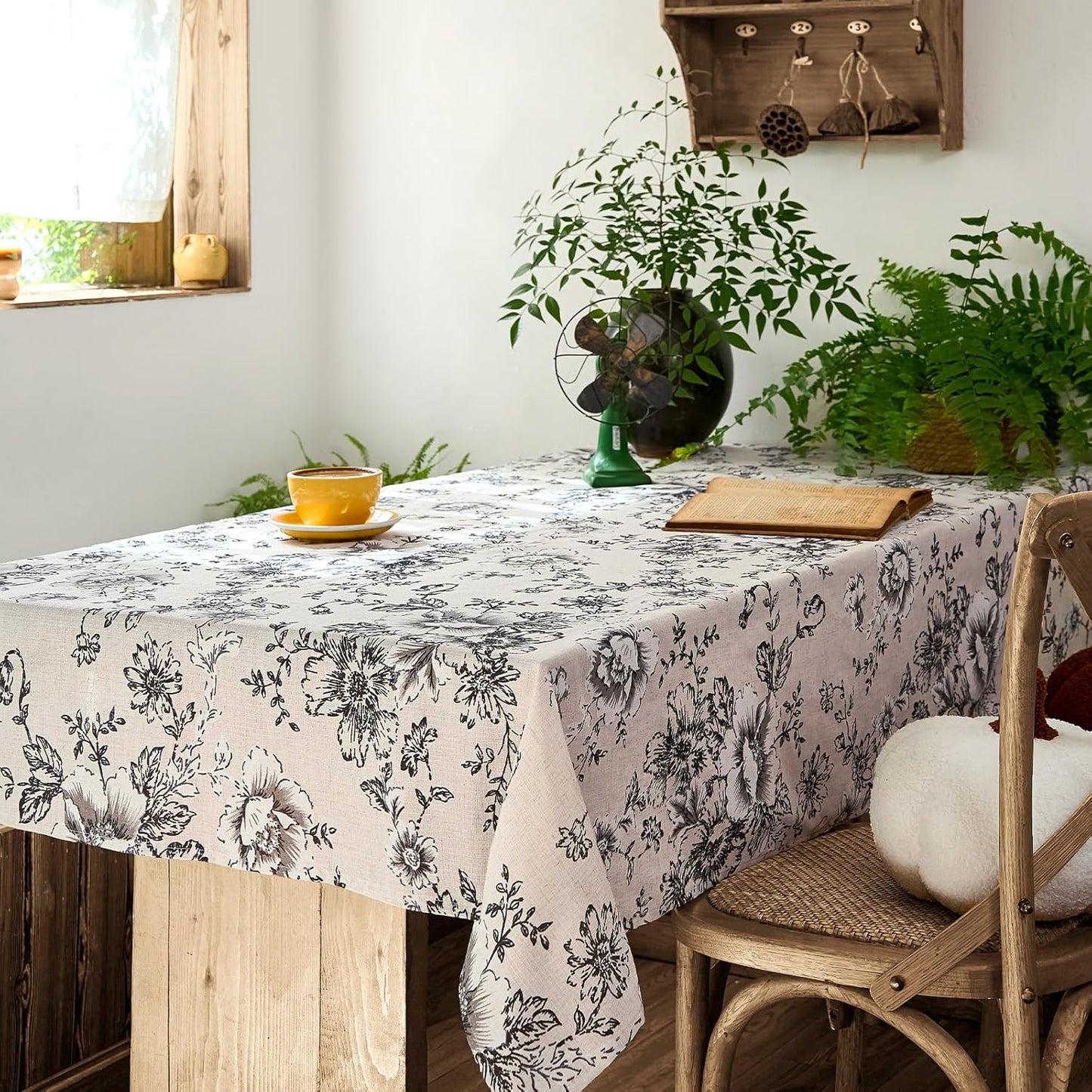 jinchan Linen Table Cloth 52 x 52 Inch with Black Flower Print Farmhouse Beige Linen Blend Cloth for Square Dining Table Washable Cottage Table Cover Home Decor 1 Panel Floral Black on Beige