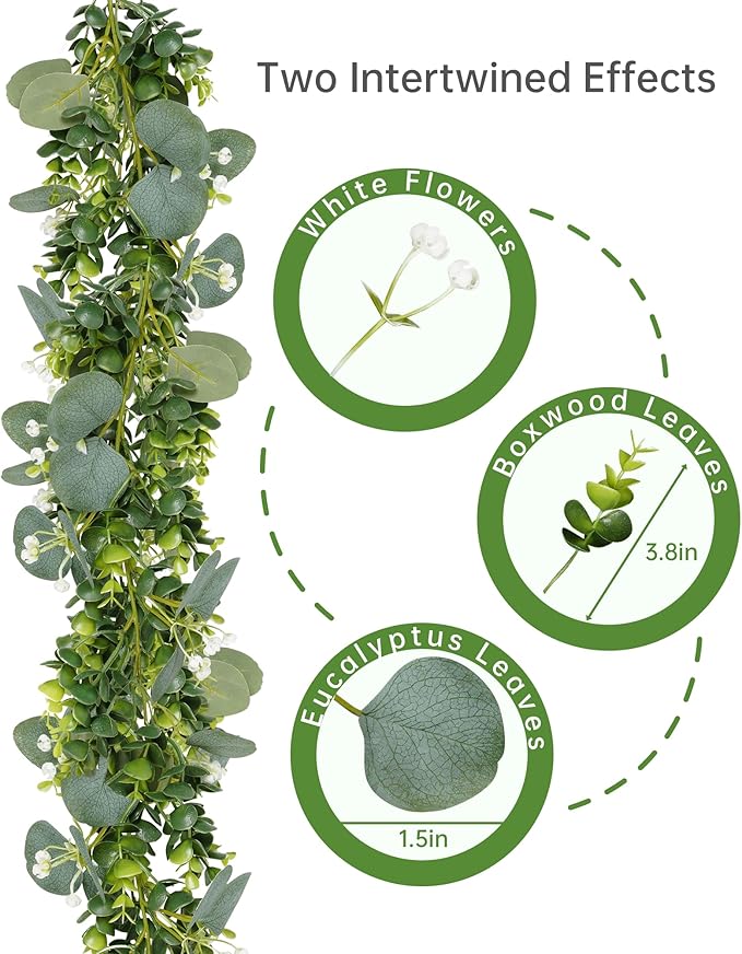 Vlorart 6ft Eucalyptus Garland with Boxwood and White Florals, Mixed Greenery Eucalyptus Garland for Wedding Arch, Backdrop, Table, Mantel and Home Decor