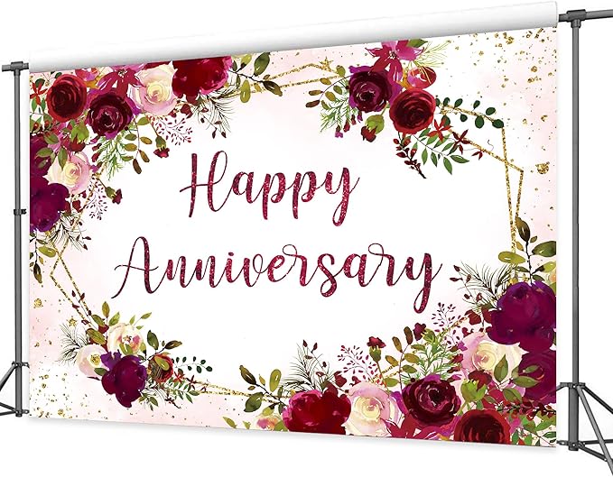 Homewelle Happy Anniversary Backdrop 8Wx6H Feet Polyester Fabric Elegant Burgundy Floral Watercolor Rose Plant Green Leaves Gold Glitter Decoration Romantic Photography Background Photo Shoot Props