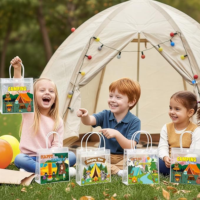 H1vojoxo Camping PVC Gift Bags - 24PCS Camping Party Favors Bags with Handles 7.9x3.2x7.9 Inch Camp Theme Plastic Transparent Gift Bag for Summer Camps Camping Adventures Outdoor Activity Party Favors