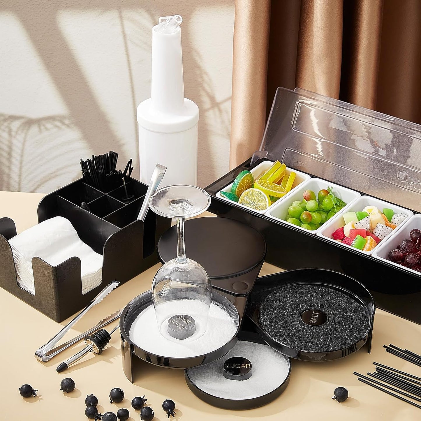 Mifoci Garnish Tray with Lid Bar Caddy 3 Tier Glass Rimmer 12 Stainless Steel Bottle Pourers 2 Plastic Juice Pour Bottles 1000 Count Cocktail Straws 3 Serving Tongs(5 Compartments,Plastic)