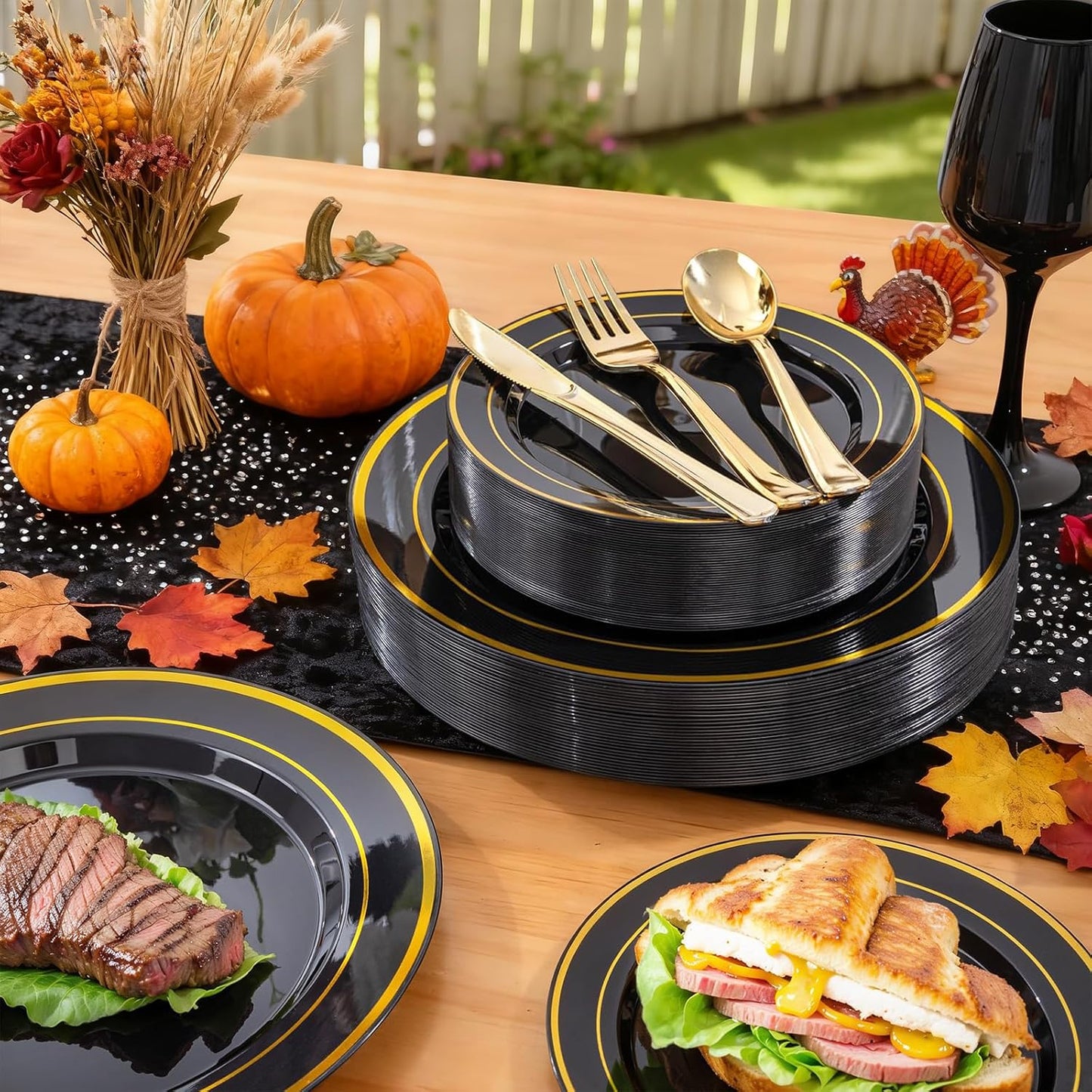 WELLIFE 210PCS Black and Gold Plastic Plates - Plastic Dinnerware Set for 30 Guests,Include 30 Dinner Plates, 30 Dessert Plates, 30 Black Cups 9 OZ, 30 Pre Rolled Napkins with Gold Silverware