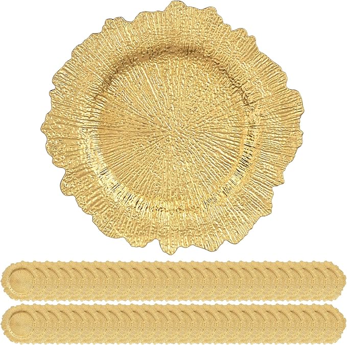50 Pack Gold Charger Plates Bulk, 13" Plastic Reef Chargers for Dinner Plates, Round Charger Plate with Floral Reef Design for Dinner Wedding Party Table Setting Decoration