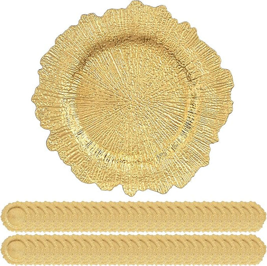 50 Pack Gold Charger Plates Bulk, 13" Plastic Reef Chargers for Dinner Plates, Round Charger Plate with Floral Reef Design for Dinner Wedding Party Table Setting Decoration
