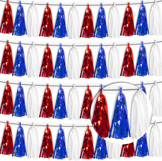 4P White Blue Red Tassel Banner Garland Metallic Foil Fringe Banner Tinsel Streamer Banner Backdrop for Parade Floats Graduation, Independence Day, 4th of july, Patriotic Themed Party Decoration