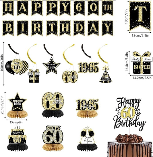 60th Birthday Decorations for Men, Black Gold Back In 1965 Birthday Banner Decorations, Vintage 60th Birthday Table Decorations, Cake Topper, Balloons, Backdrop, Sash Party Supplies for Men
