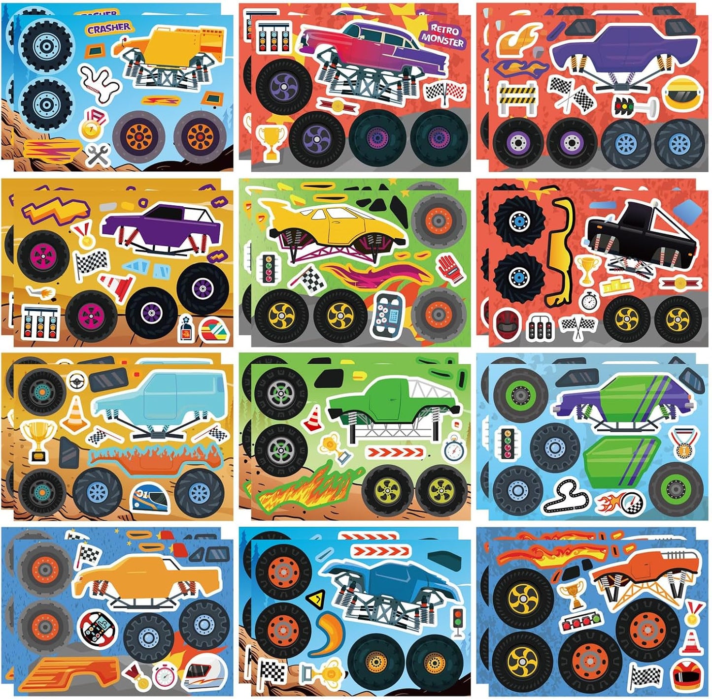DUJAA 24 Sheets Monster Truck Stickers for Kids, Colorful, Premium Quality, Make Your Own, Monster Truck Party Favor, Teacher Reward, Birthday Gift