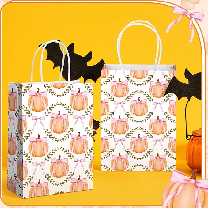 Kolldenn 16 Pcs Coquette Pumpkin Bow Paper Gift Bags Women Birthday Thanksgiving Party Favor Goodie Candy Bags with Handles for Bridal Engagement Party Supplies 8.3 x 5.9 x 3.1 In(White, Pumpkin Bow)