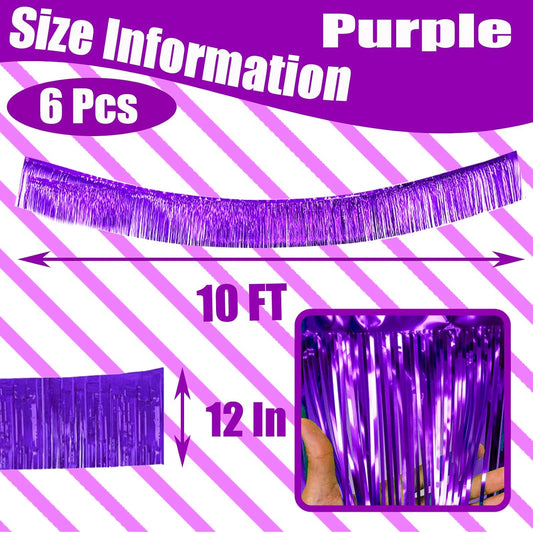 6 Pack 10 Feet Foil Fringe Garland Metallic Tinsel Streamers Banner Wall Hanging Curtain Backdrop Banner for Parade Floats, Thanksgiving, Christmas, Birthday, Halloween Party Decorations(Purple)