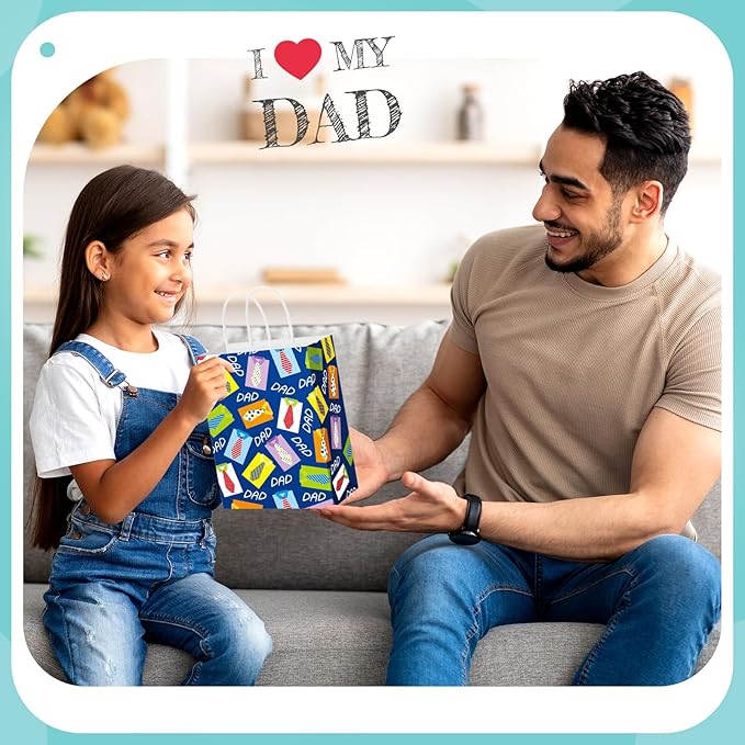 Gilprop 24 Pcs Father's Day Gift Bags Bulk Dad Party Supplies, 8 Inch Happy Father's Day Paper Treat Goodie Bags with Handle, Dad Ever Gifts Favors for Him Birthday Anniversary