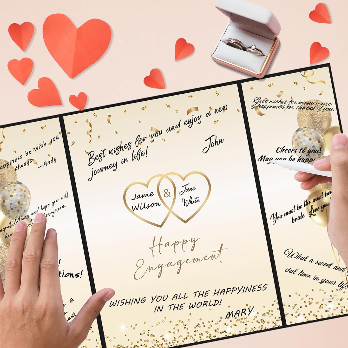 DARUNAXY Black Gold Engagement Party Decorations, Happy Engagement Alternative Signature Guest Book Just Engaged Gifts Almost Married Congratulations Engagement Signing Card Board Party Supplies